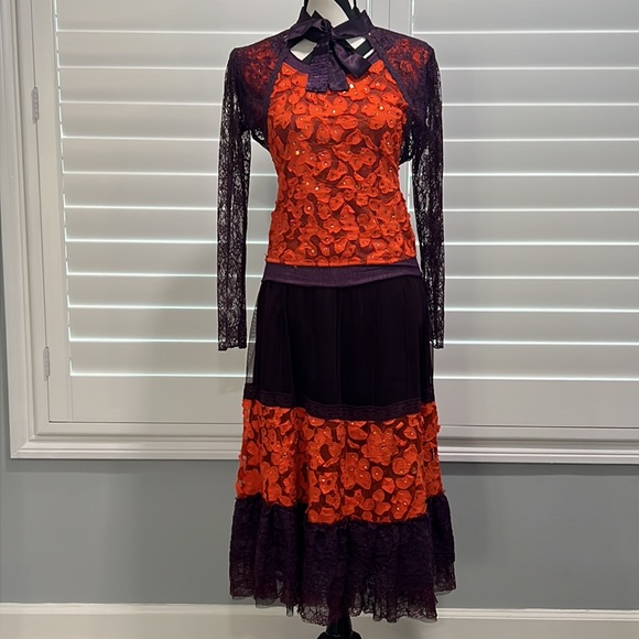 VINTAGE 90S RETRO ORANGE PURPLE LACE THREE PIECE TOP SKIRT - Picture 2 of 16